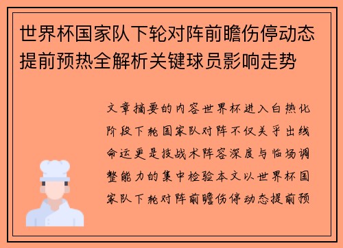 世界杯国家队下轮对阵前瞻伤停动态提前预热全解析关键球员影响走势