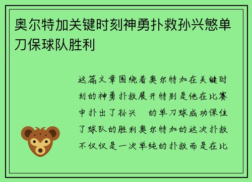 奥尔特加关键时刻神勇扑救孙兴慜单刀保球队胜利
